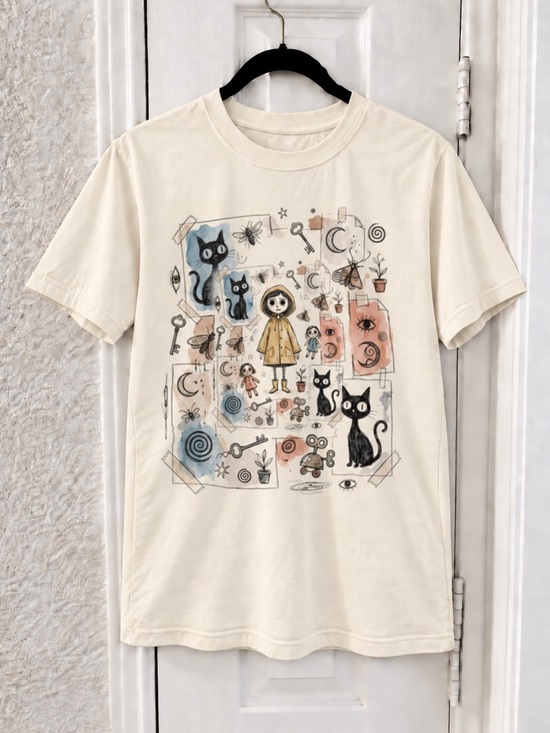 Gildan Tops - Horror Black Cat And Whimsical Illustration Cream Graphic T-Shirt